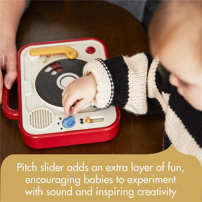 Toy DJ station for babies featuring a pitch slider and vibrant buttons; encourages sound exploration and creativity.