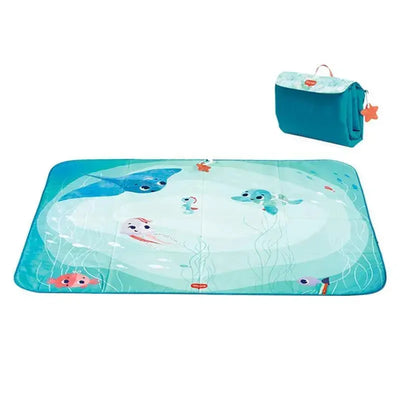 Outdoor picnic mat featuring ocean-themed designs with fish, sea turtles, and a carrying bag.