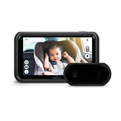 Car seat baby monitor displaying a smiling baby in a car seat, with a connected camera for monitoring.