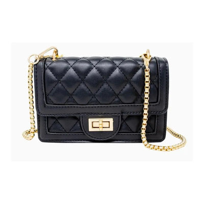 Black quilted handbag with a large flap and gold chain strap, featuring a front clasp closure.