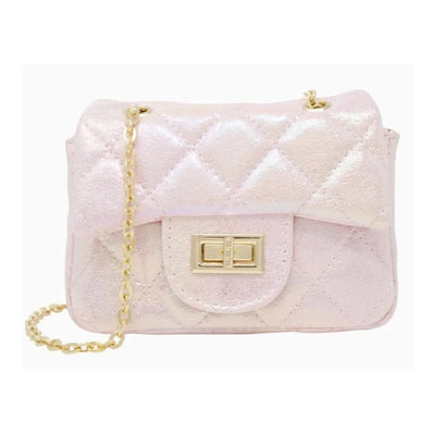 Classic quilted mini bag in pearl with a shiny finish, featuring a gold chain strap and metallic clasp.