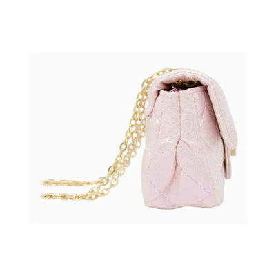 Classic quilted shiny mini bag in pearl color with a gold chain strap, showcasing a soft, rounded design.