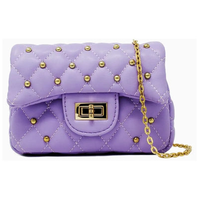 Classic quilted mini bag in purple with gold studs and a chain strap, ideal for stylish outings.