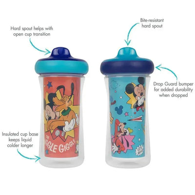Two Disney Mickey Mouse insulated sippy cups, 9 oz, featuring colorful designs and labeled durability and insulation features.
