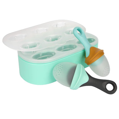 Two baby food freezer trays in light blue with two matching spoons in black and light blue.
