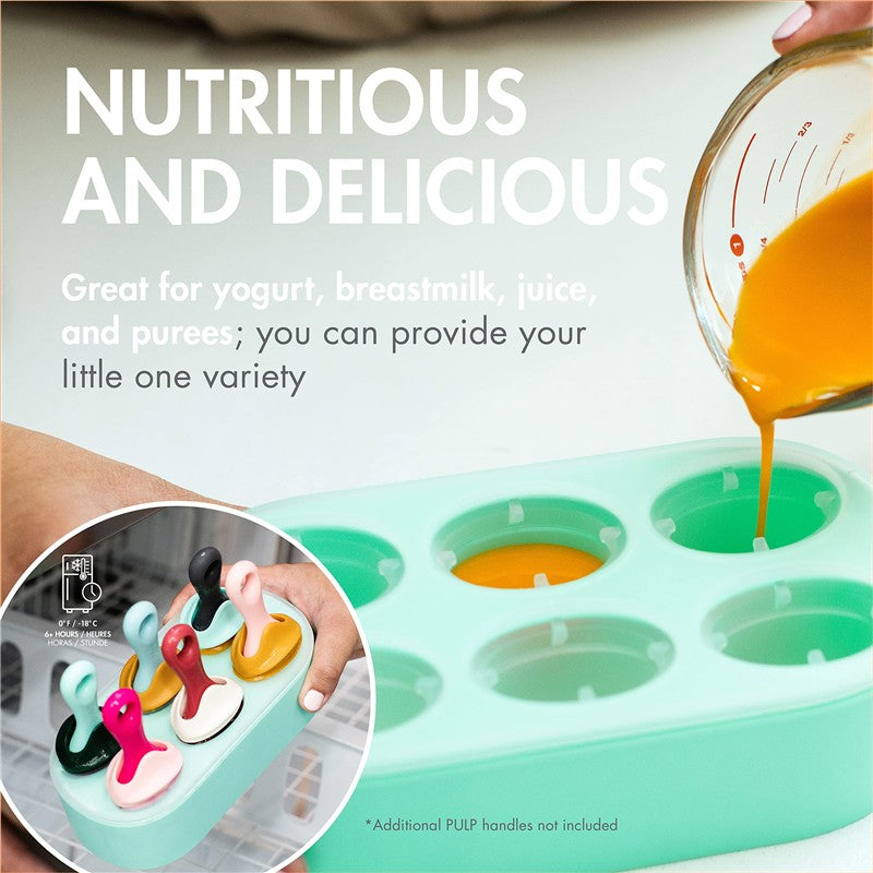 Boon PULP Silicone Feeder & Freezer Tray Set with colorful silicone handles and liquid being poured into trays; promotes nutritious feeding.