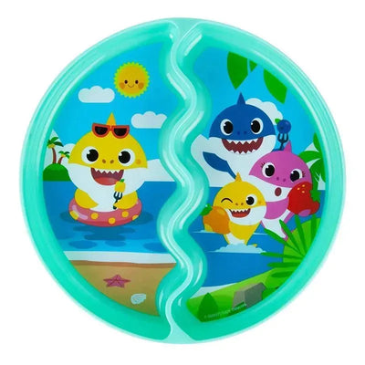 Suction plate featuring Baby Shark characters in a beach scene, designed for toddlers to enjoy mealtime.