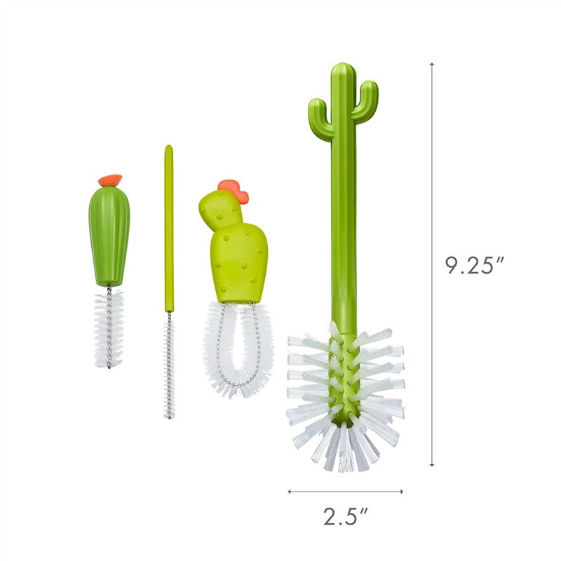 Boon CACTI Replacement Brush Set in green featuring four uniquely designed cleaning brushes resembling cacti, measuring 9.25 inches by 2.5 inches.
