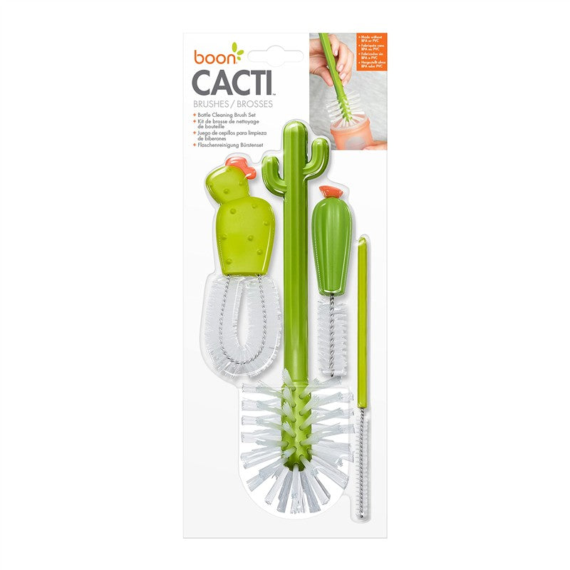 Boon CACTI Replacement Brush Set in green, featuring various bottle cleaning brushes shaped like cacti.