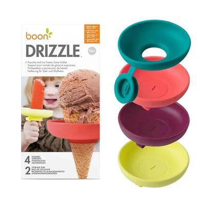 Drizzle Popsicle Holder set featuring four colorful holders stacked, designed for ice cream and popsicles, with a child enjoying an ice cream cone.