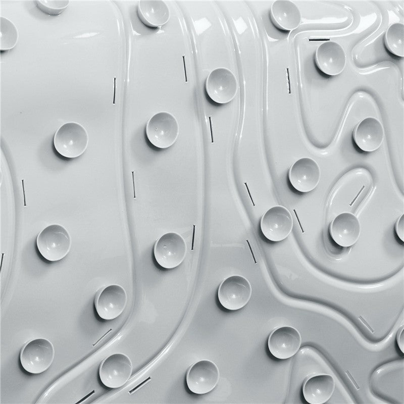 Gray bathtub mat featuring a textured surface with raised outlines and suction cups for grip and safety.
