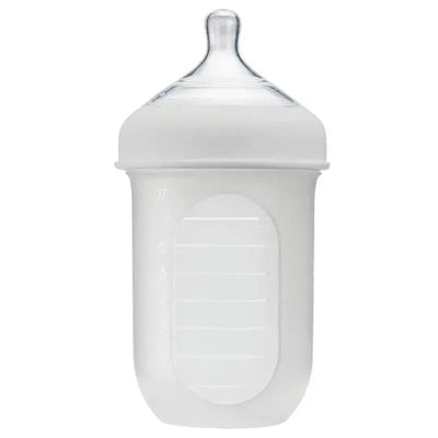 Light gray 8 oz silicone baby bottle with a clear nipple and measurement markings on the side.