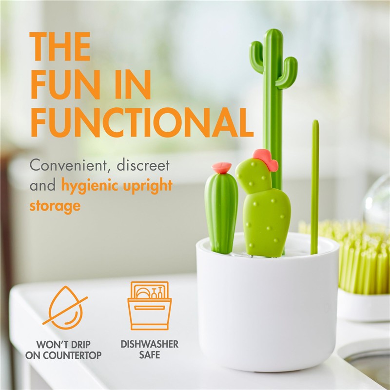 Boon CACTI Bottle Cleaning Brush Set in a white holder with green cactus-shaped brushes, labeled with storage and cleaning benefits.