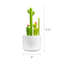 Boon CACTI Bottle Cleaning Brush Set in a white pot, featuring three green cactus-shaped brushes, measuring 9.5 inches tall.