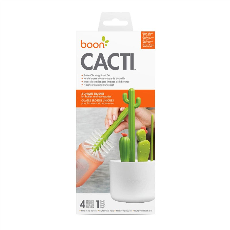 Boon CACTI Bottle Cleaning Brush Set in a white box, featuring four cactus-shaped brushes designed for cleaning bottles and accessories.