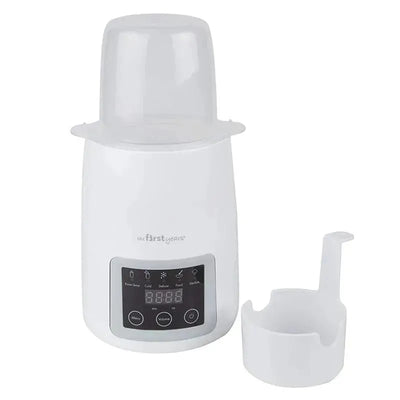 Digital bottle warmer with a sleek white design, featuring a control panel and a removable measuring cup.