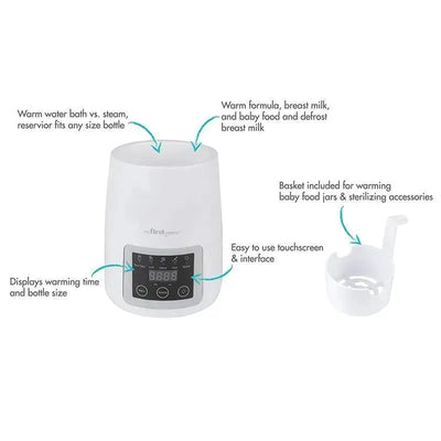 Digital bottle warmer with touchscreen interface, designed for warming formula, breast milk, and baby food jars.