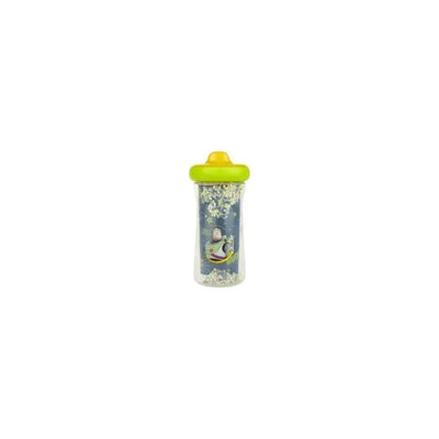 Sippy cup featuring Toy Story characters, with a blue background and colorful confetti design, topped with a green lid.
