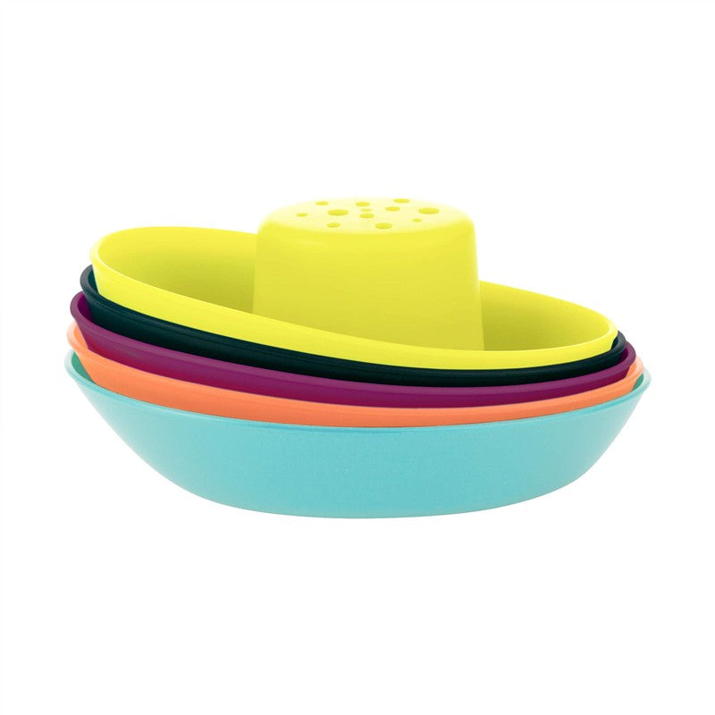 Boon FLEET Stacking Boats in various colors, featuring a yellow top boat with drainage holes, designed for bath play.