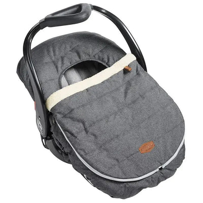 Heather grey infant car seat cover with plush trim, designed for warmth and comfort, fitting securely over a car seat.