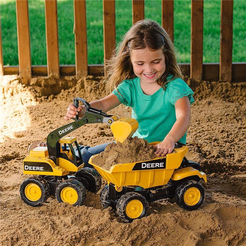Tomy John Deere Big Scoop 15'' Excavator Toy With Tilting Dump Bed & Rolling Wheels, Yellow Image 2