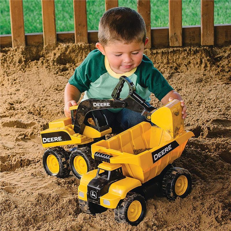 Tomy John Deere Big Scoop 15'' Excavator Toy With Tilting Dump Bed & Rolling Wheels, Yellow Image 3