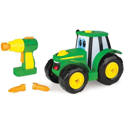 Tomy John Deere Build-A-Johnny tractor toy with a yellow and green color scheme, drill, and plastic screws.