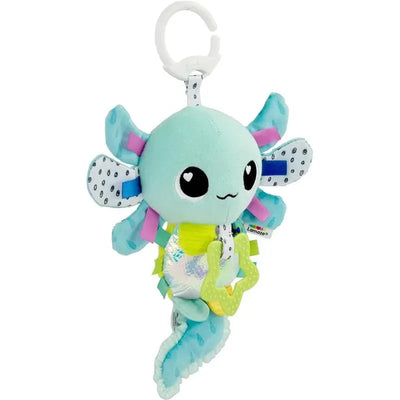 Soft, colorful plush axolotl toy with a clip, featuring bright textures and patterns for sensory play.