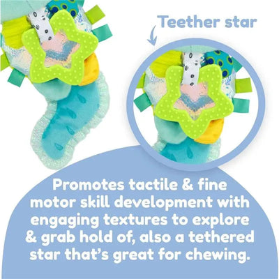 Colorful plush axolotl toy with textured materials and a detachable star teether, promoting fine motor skill development.