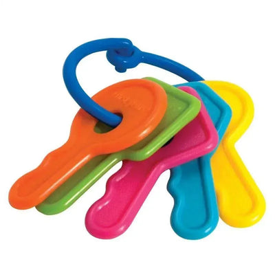 Colorful plastic keys in orange, green, pink, blue, and yellow, attached to a blue ring for infants.