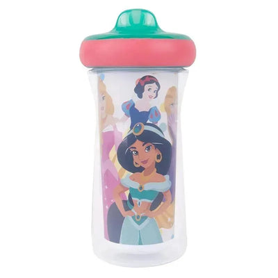 Insulated sippy cup featuring Disney princesses, including Jasmine, with a green and pink lid.