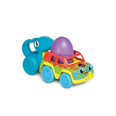 Colorful toy car with a smiling face, featuring an elephant trunk and a purple dinosaur egg in the back.