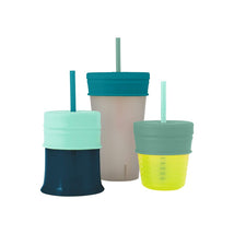 Boon SNUG Silicone Straw Lids 3-Pack in green, featuring lids for three different cups, each with a matching straw.