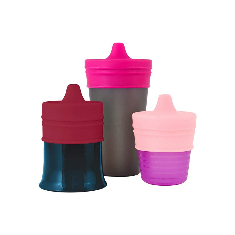 Boon SNUG Spout Universal Silicone Sippy Lids 3-pack in pink, featuring three colorful lids designed to fit various cups.