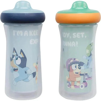 Insulated sippy cups featuring Bluey and friends, with playful graphics and colorful lids, ideal for toddlers.