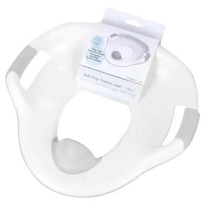 Gray soft grip potty trainer seat with handles, designed for children 18 months and older.