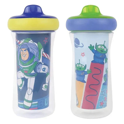 Insulated sippy cups featuring Buzz Lightyear and Toy Story aliens, designed for young children, in a 2-pack.