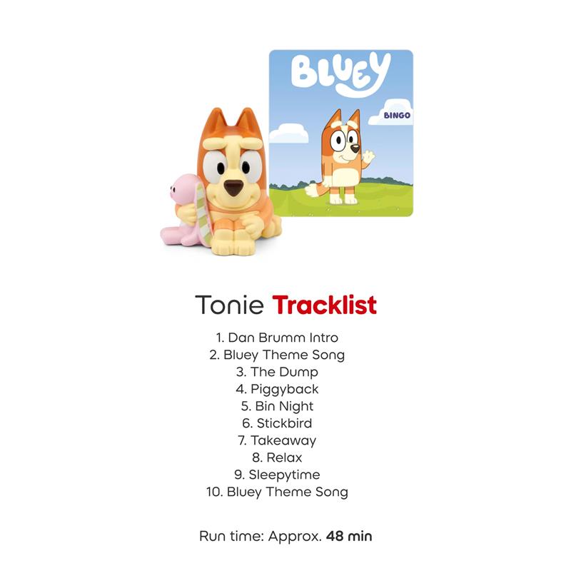 Tonies 3Pk Bluey Audio Toy Figurine Set featuring Bluey, Bingo, and Muffin, with tracklist and cover image.
