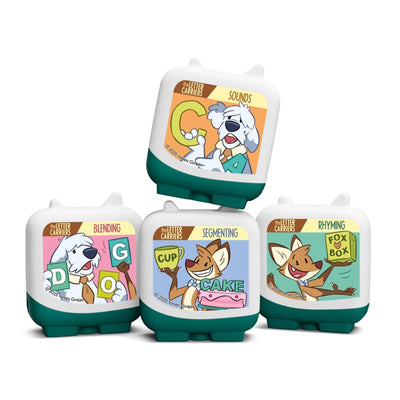Four colorful Tonies figurines from the Letter Carriers series, each featuring different educational themes: sounds, blending, segmenting, and rhyming.