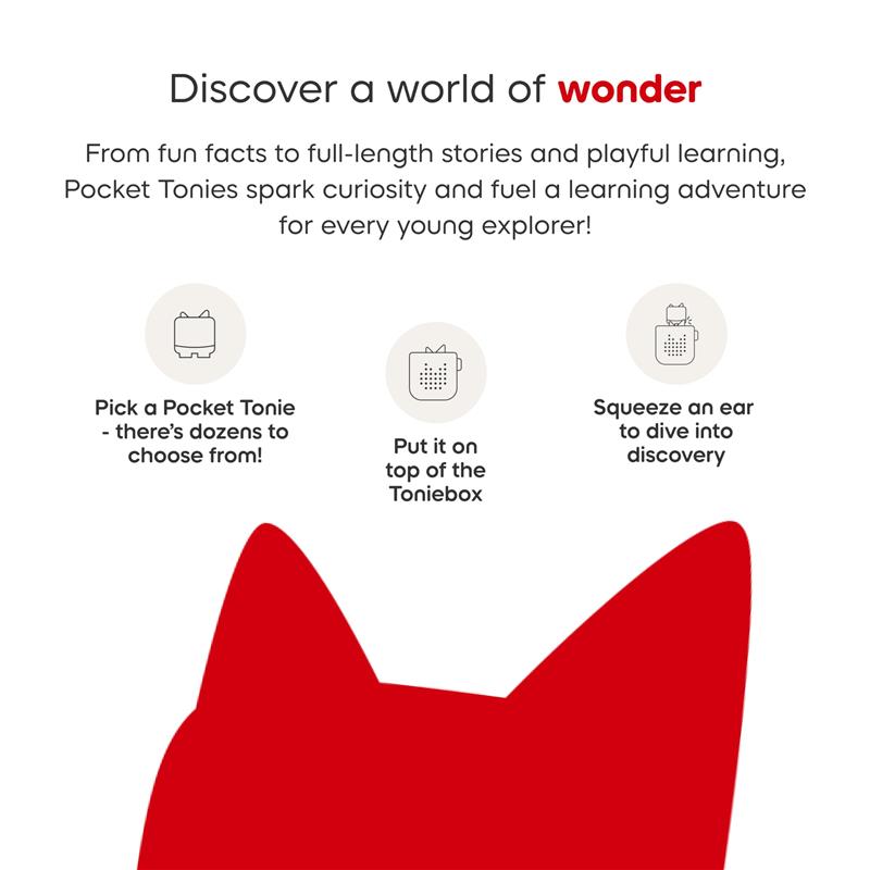 Pocket Tonies guide featuring instructions on selecting, placing, and activating characters with the Toniebox, with playful graphics.