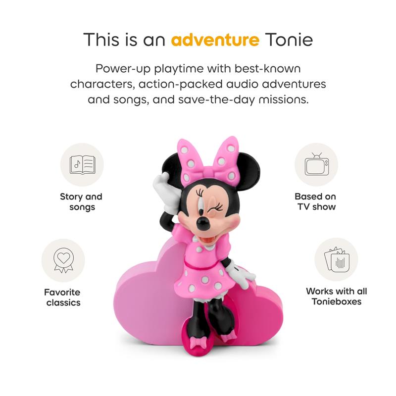 Minnie Mouse figurine in a pink dress and bow, designed for use with Tonieboxes, featuring audio stories and songs.