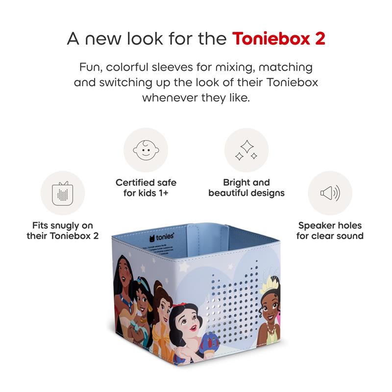 Decorative wrap for Toniebox 2 featuring Disney Princesses, designed for kids, with holes for sound and bright colors.