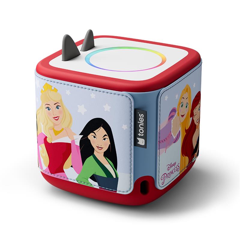 Decorative wrap for Toniebox 2 featuring Disney Princesses, including Aurora, Mulan, and Ariel, on a light blue background.