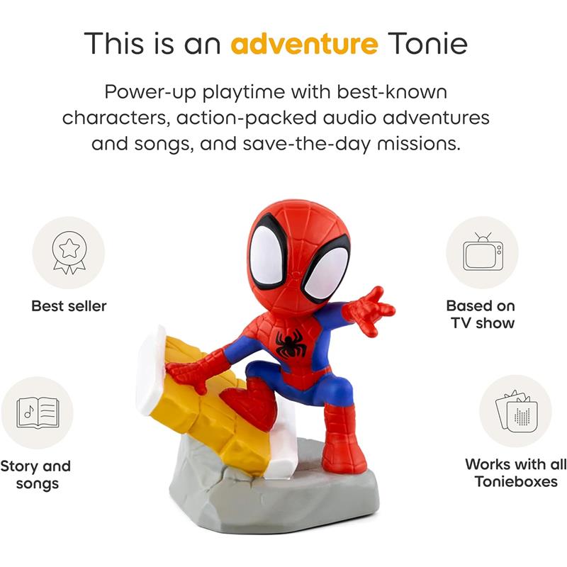 Tonies Spidey audio toy figurine, featuring a colorful Spider-Man in action pose with a yellow block base.