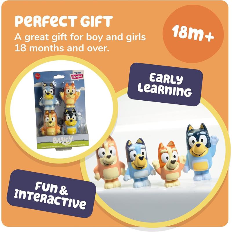 Toomies 4Pk Bluey Bath Toy Squirters featuring colorful characters for interactive fun, suitable for kids 18 months and older.