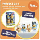 Toomies 4Pk Bluey Bath Toy Squirters featuring colorful characters for interactive fun, suitable for kids 18 months and older.