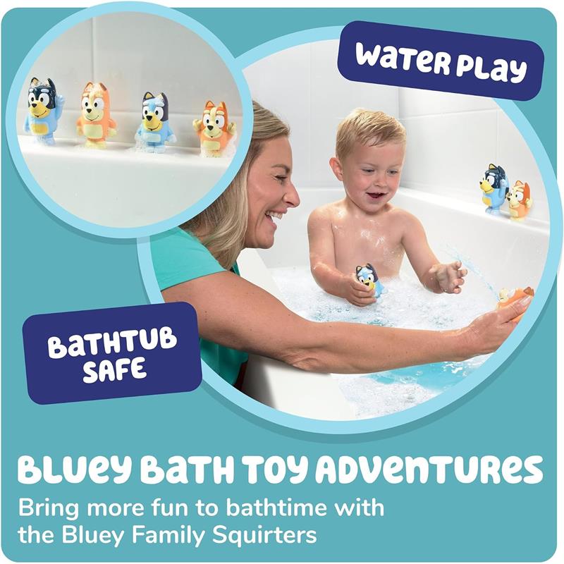 Four Bluey bath toy squirters in a bathtub, with a child and adult enjoying water play together.