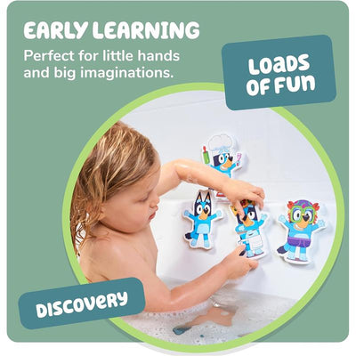 Child playing with Toomies Bluey Bath Puzzle, interacting with colorful character pieces in a bubbly bath setting.