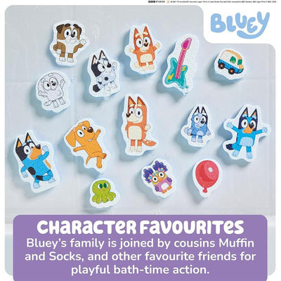 Bath stickers featuring Bluey characters, including Bluey, Bingo, and cousins Muffin and Socks, for playful bath-time fun.
