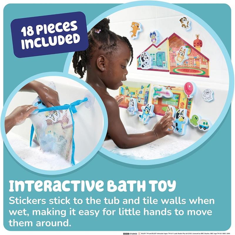 Interactive bath toy featuring Toomies Blueys House bath stickers, allowing kids to stick and move characters on wet surfaces.